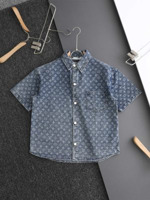 Premium Quality Louis Vuitton Short Sleeve Shirt Blue Jacquard Collection