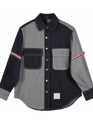 High Quality Thom Browne Shirts Blue Denim Patchwork Style