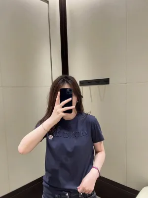 High Quality Moncler Short Sleeves Navy Cotton Embroidered Luxury
