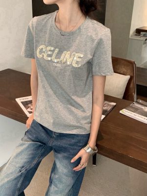 High Quality Celine Short Sleeves Gray Embroidered Style