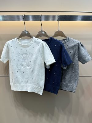 Premium Celine Short Sleeves White Knit Embroidered Collection